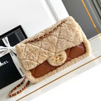 ミディアム フラップバッグ 23 ベージュウール＆ジンジャーオレンジカーフスキン ゴールド金具