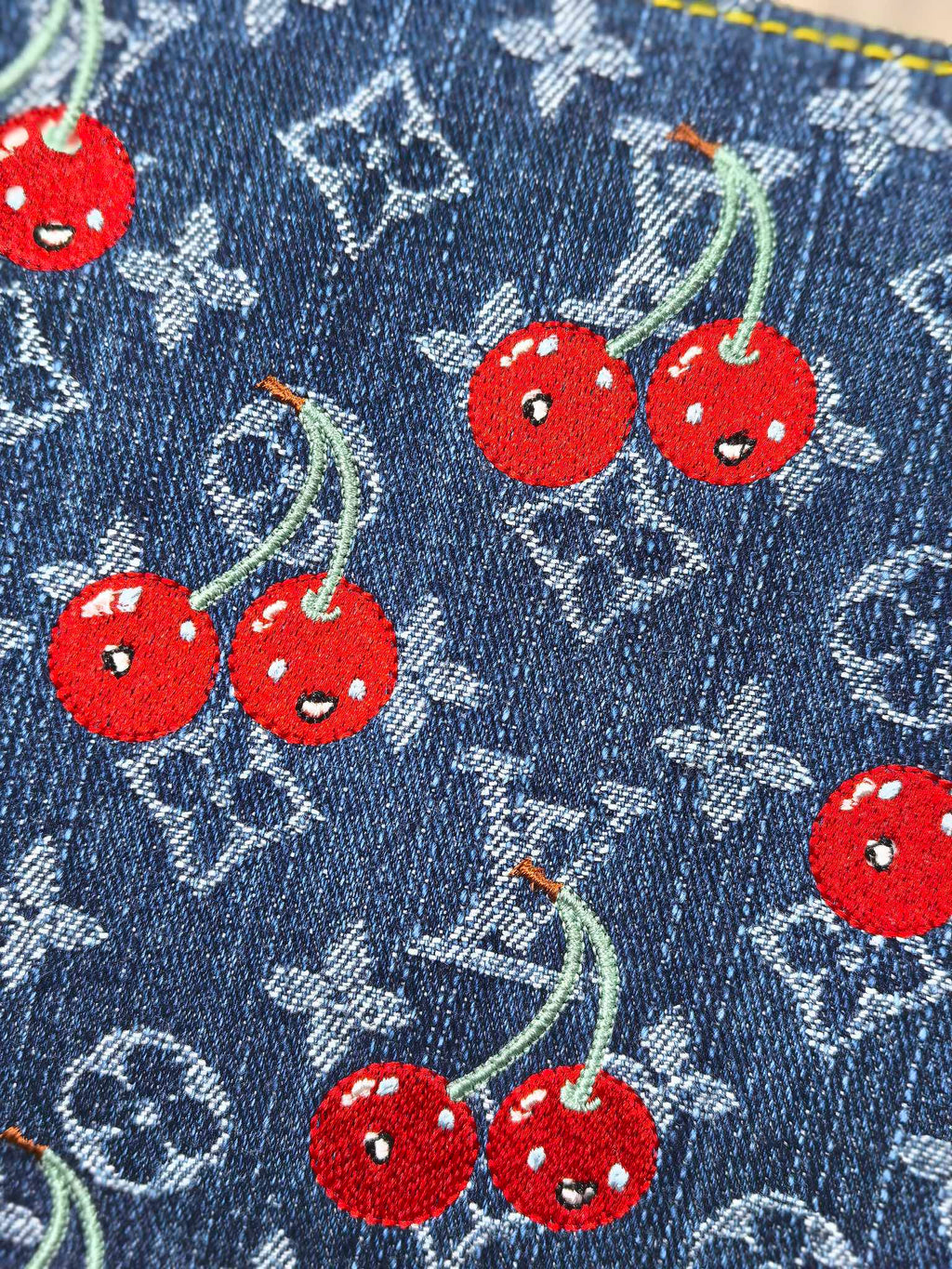 LV 25S COUSSIN BAG 26 IN DARK BLUE DENIM MONOGRAM CHERRY GOLD HARDWARE