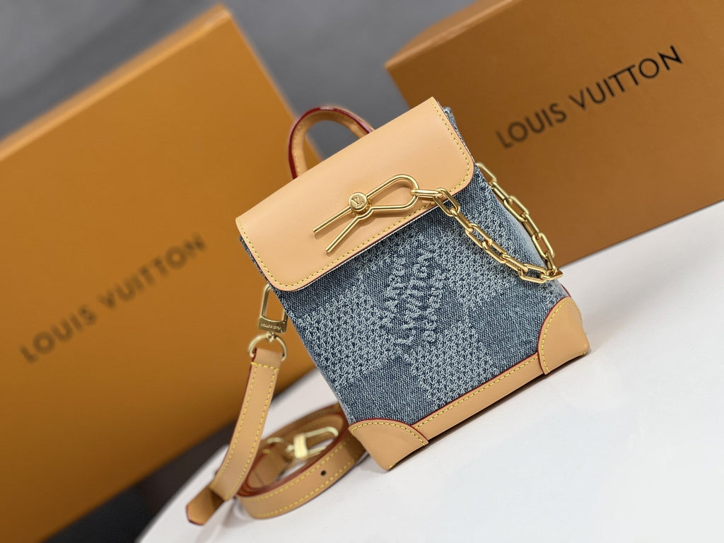 LV 25S NANO STEAMER 18 IN BLUE COTTON DENIM CALFSKIN TRIM GOLD HARDWARE