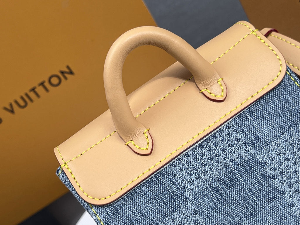 LV 25S NANO STEAMER 18 IN BLUE COTTON DENIM CALFSKIN TRIM GOLD HARDWARE