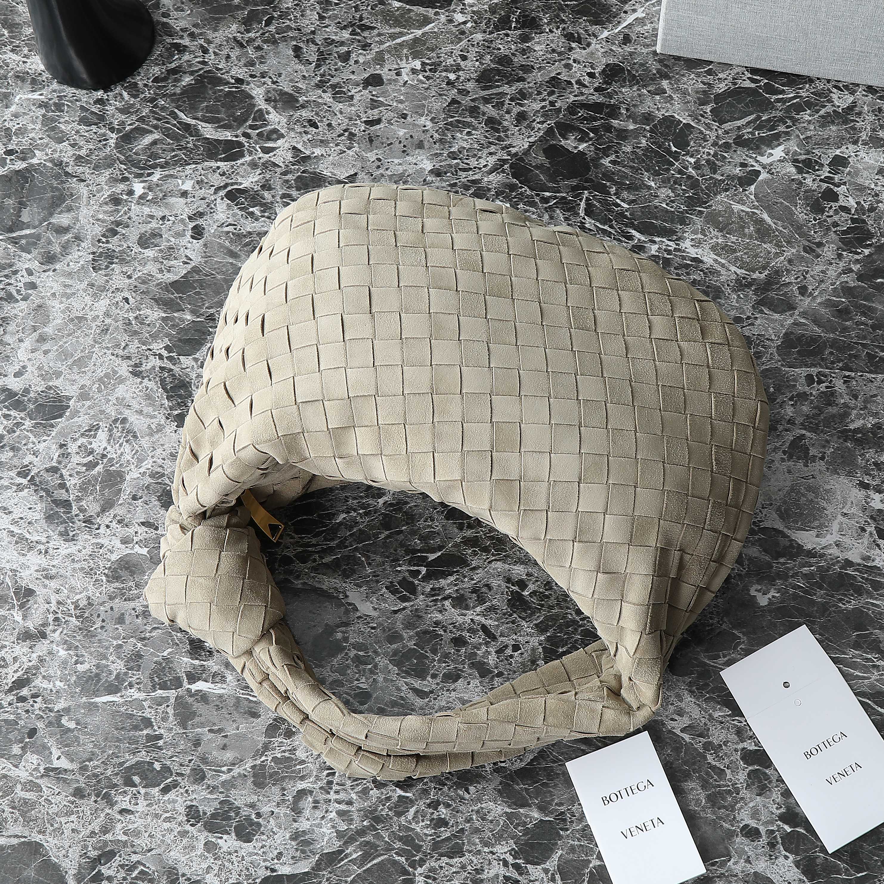 BOTTEGA VENETA 25S SMALL JODIE 36 IN MUTED TAUPE SUEDE GOLD HARDWARE