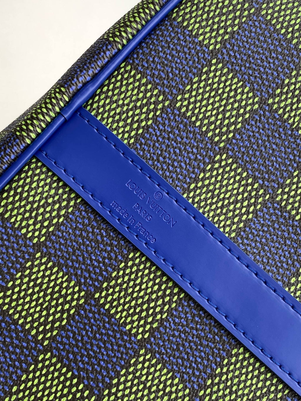 KEEPALL BANDOULIÈRE 50 IN BLUE GREEN DAMIER HERITAGE COATED CANVAS