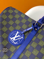 KEEPALL BANDOULIÈRE 50 IN BLUE GREEN DAMIER HERITAGE COATED CANVAS