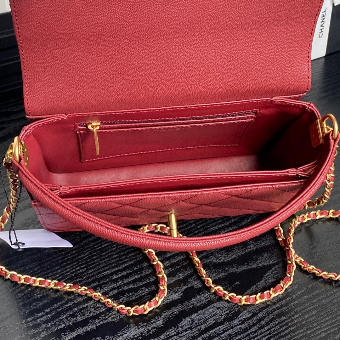 RETRO STYLE FLAP BAG 22 IN STILETTO RED GRAINED CALFSKIN GOLD HARDWARE