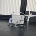 RETRO STYLE FLAP BAG 19 IN RHINO GRAY GRAINED CALFSKIN GOLD HARDWARE