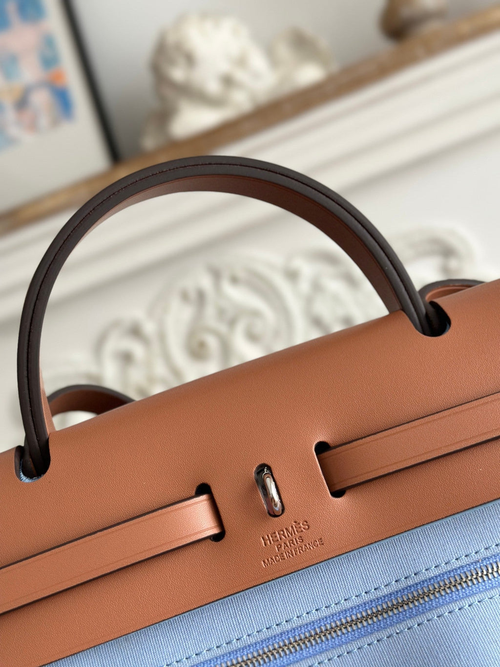 ZIP CABINE 31 BAG IN LIGHT BLUE CANVAS AND BRONZE BROWN CALFSKIN