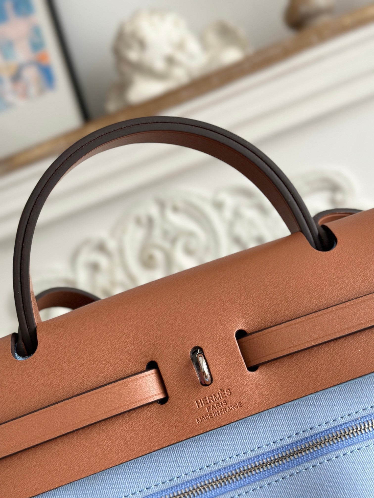 ZIP CABINE 31 BAG IN LIGHT BLUE CANVAS AND BRONZE BROWN CALFSKIN