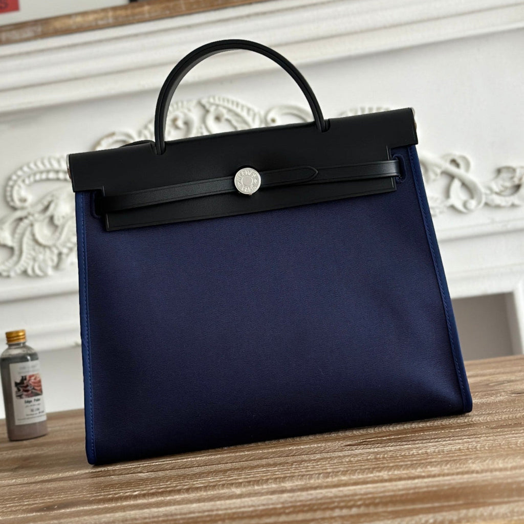 ZIP CABINE 31 BAG IN NAVY BLUE CANVAS AND BLACK CALFSKIN