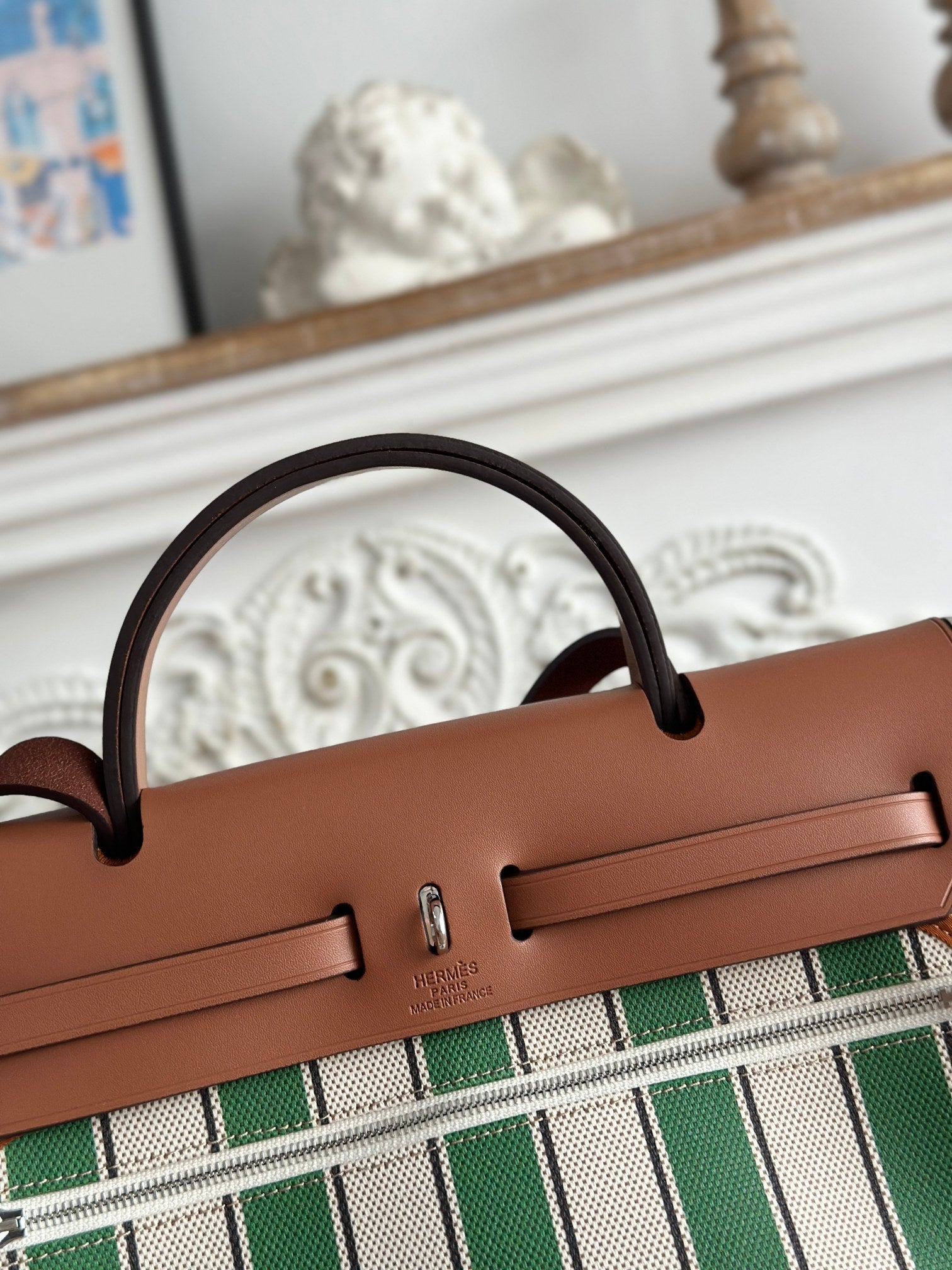 HERBAG ZIP 31 LAQUERED BAG IN GREEN MIX BLUE H PLUME CANVAS