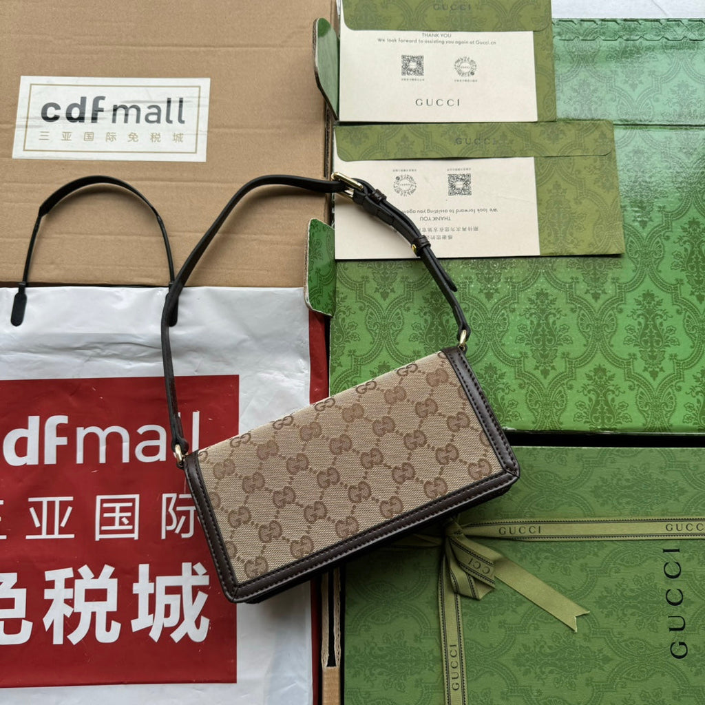 LUCE MINI SHOULDER BAG 20 IN BEIGE CANVAS AND DARK BROWN CALFSKIN TRIM GOLD HARDWARE