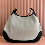 ボディ ミディアム ショルダーバッグ 49 ナチュラルキャンバスとブラックカーフスキン ゴールド金具