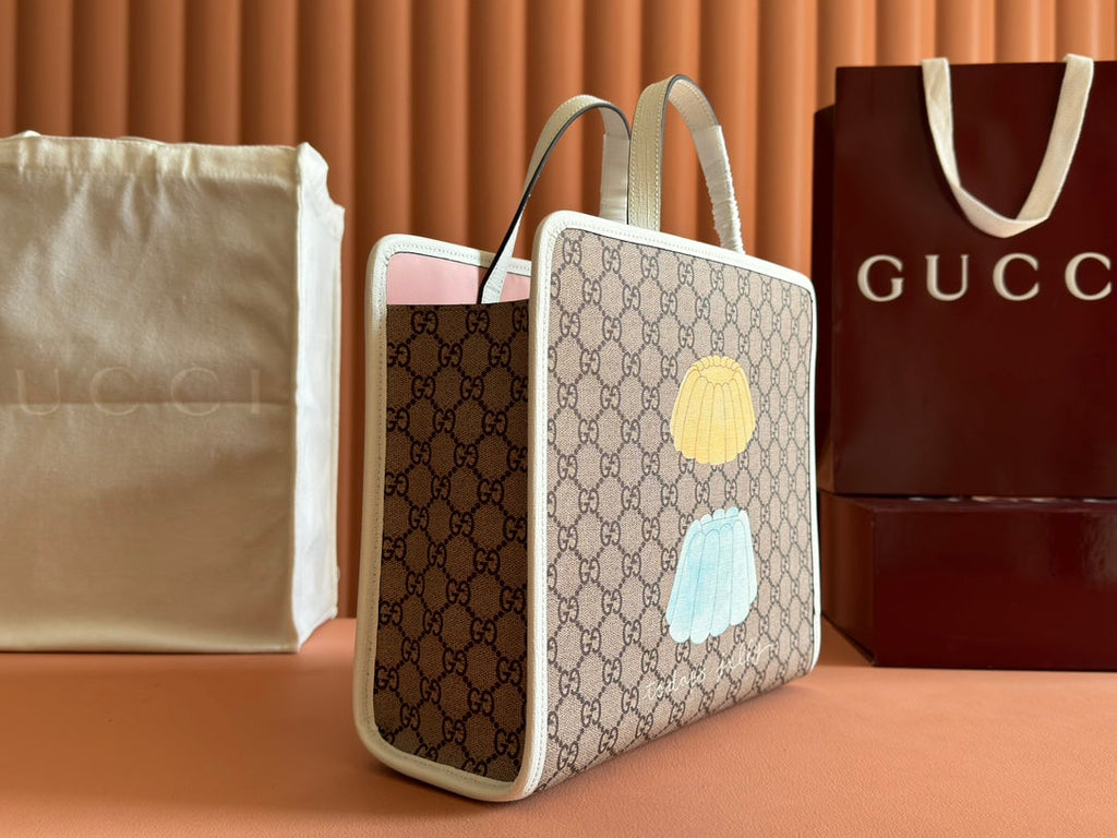 CHILDREN'S PRINTED BIG CAT TOTE BAG 28.5 IN BEIGE AND DARK BROWN GG CANVAS WHITE TRIM