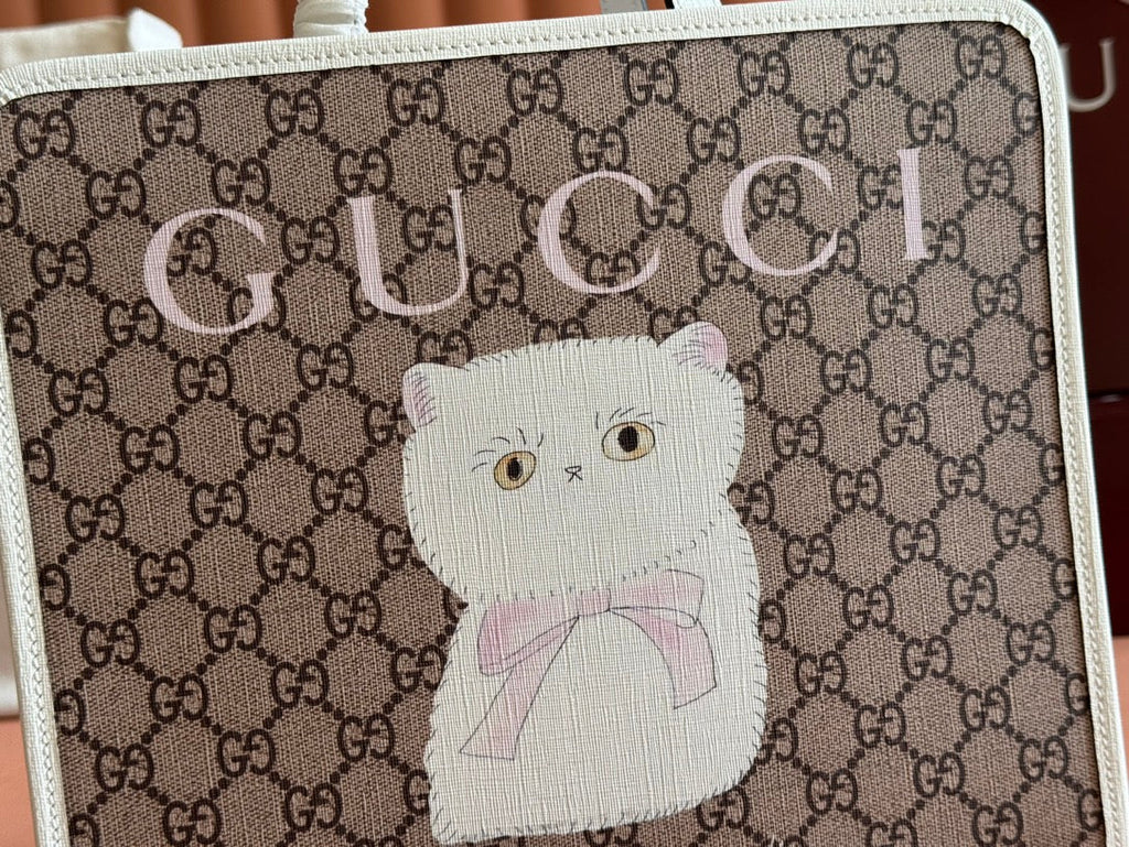 CHILDREN'S PRINTED BIG CAT TOTE BAG 28.5 IN BEIGE AND DARK BROWN GG CANVAS WHITE TRIM