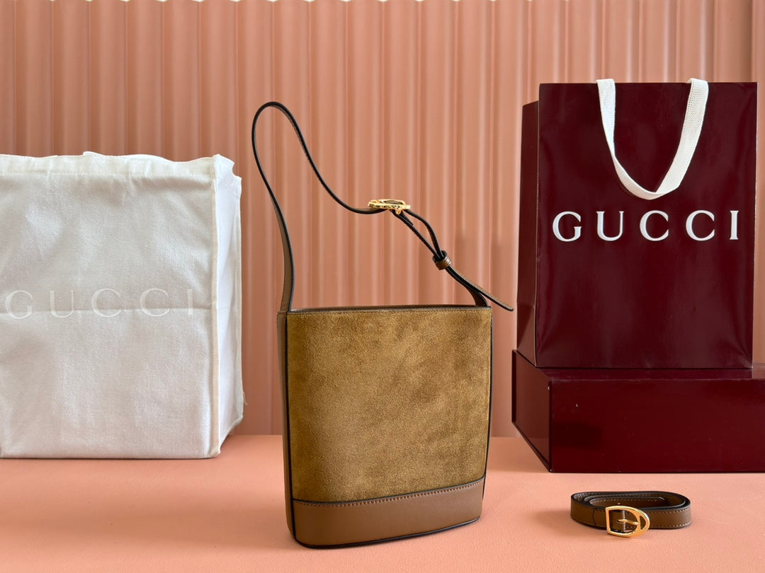 73 SMALL BUCKET BAG 20 IN BROWN SOFT SUEDE AND CALFSKIN