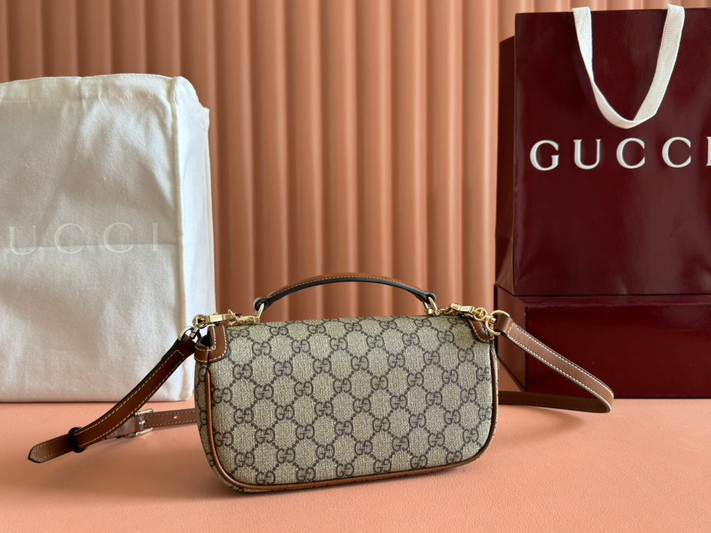 スモール ホースビット 1955 ショルダーバッグ 22.6インチ ベージュ/エボニー GG ブラウン カーフスキントリム