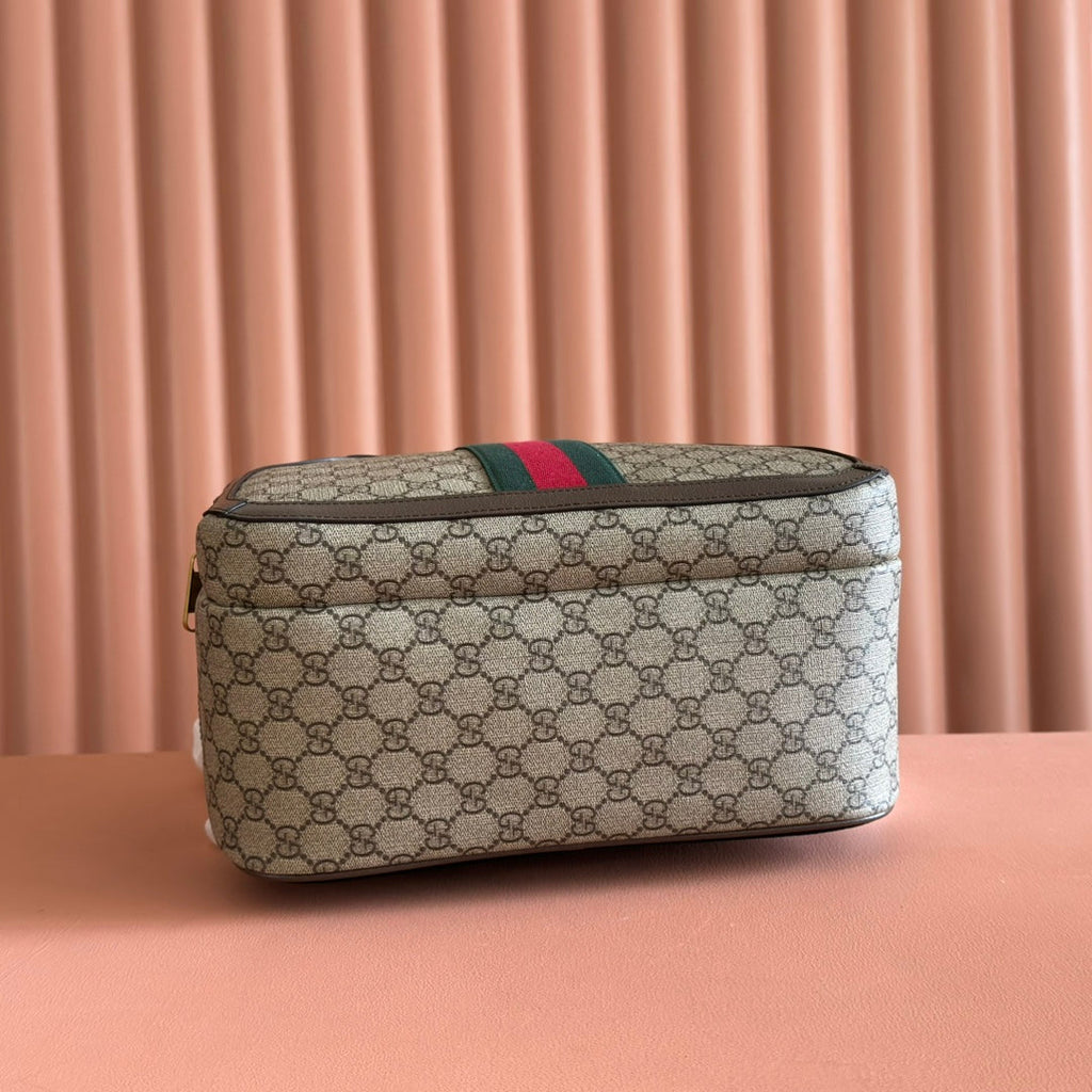 GUCCI 25S OPHIDIA BACKPACK 40 IN BEIGE CANVAS AND BROWN CALFSKIN