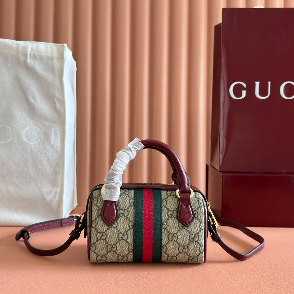 GUCCI 25S OPHIDIA MINI BOSTON BAG 16 IN BEIGE CANVAS AND ROSSO ANCORA CALFSKIN