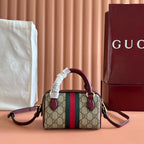 GUCCI 25S OPHIDIA MINI BOSTON BAG 16 IN BEIGE CANVAS AND ROSSO ANCORA CALFSKIN