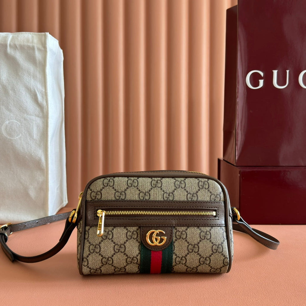 グッチ 25S デザイナーハンドバッグ 18 ベージュキャンバス＆ブラウンカーフスキン