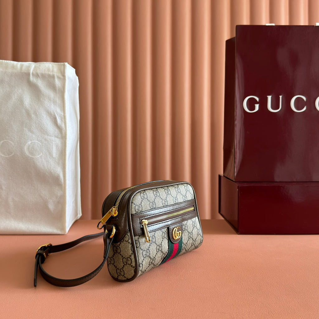 グッチ 25S デザイナーハンドバッグ 18 ベージュキャンバス＆ブラウンカーフスキン