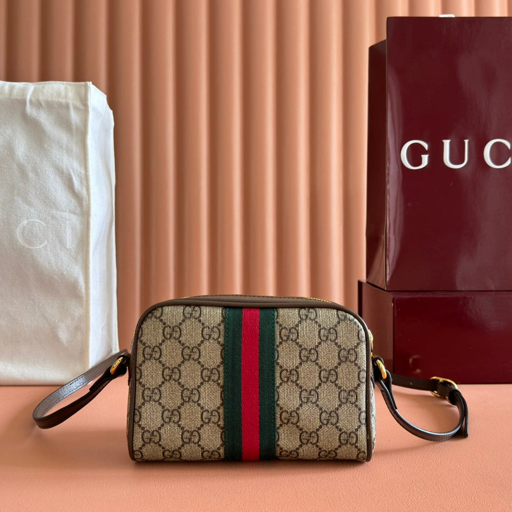 グッチ 25S デザイナーハンドバッグ 18 ベージュキャンバス＆ブラウンカーフスキン