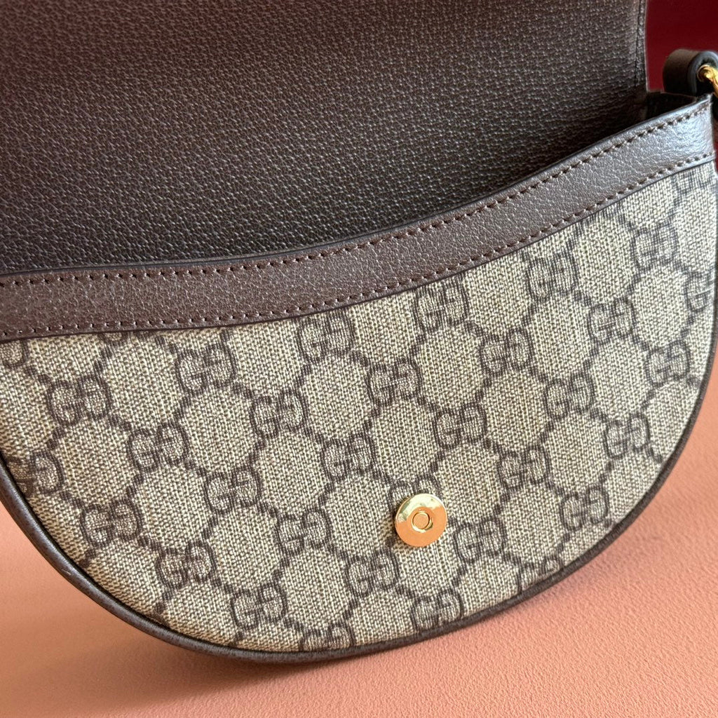 GUCCI 25S OPHIDIA MINI BAG 20 IN DARK BEIGE CANVAS AND BROWN CALFSKIN