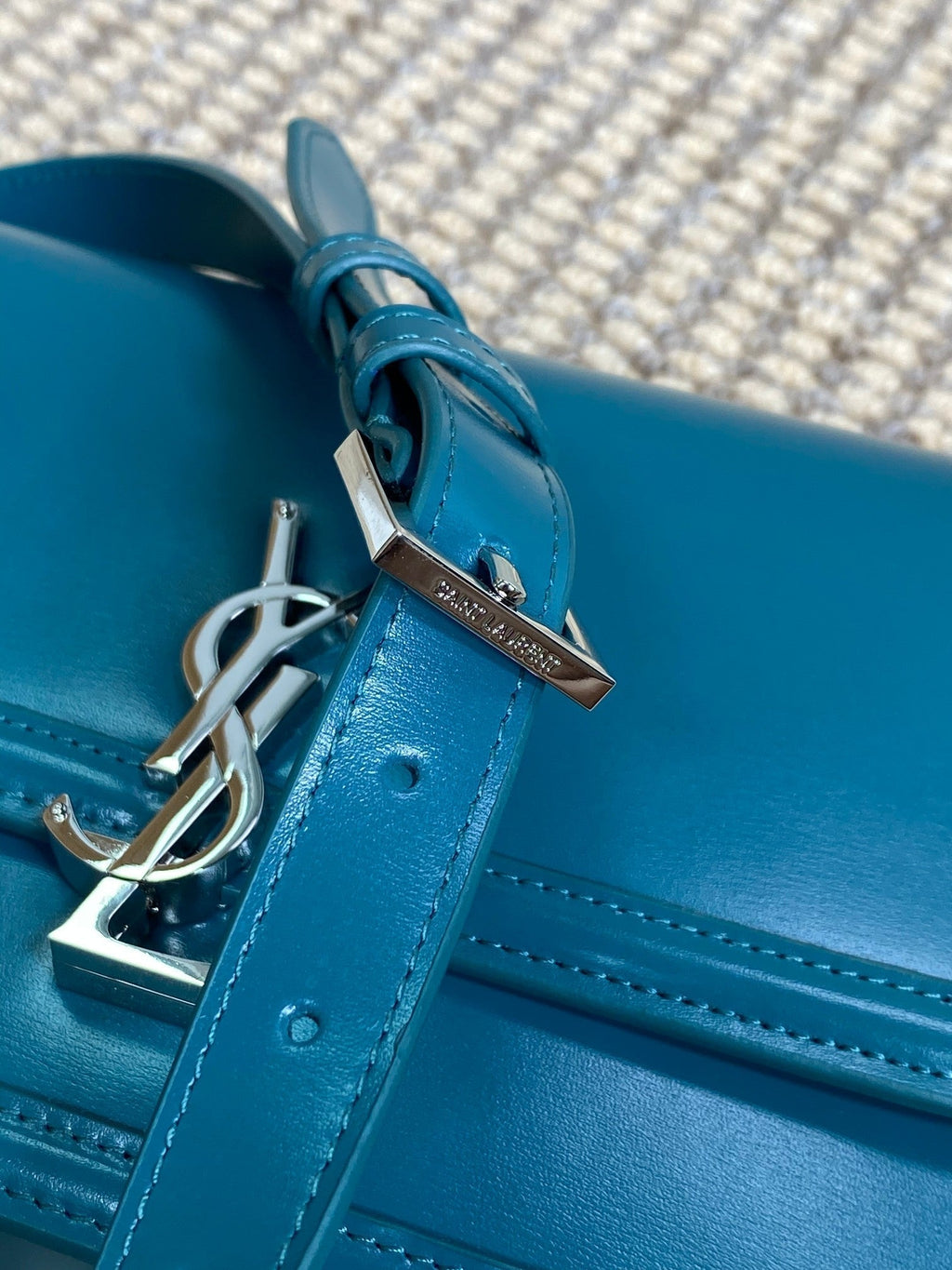 SOLFERINO SMALL SATCHEL 23 IN CERULEAN BLUE CALFSKIN GOLD HARDWARE