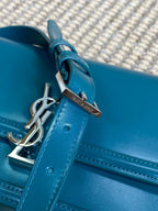 SOLFERINO SMALL SATCHEL 23 IN CERULEAN BLUE CALFSKIN GOLD HARDWARE
