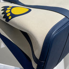 GARDEN PARTY 36 IN NAVY CREAM TOILE H CANVAS BLUE MARINE CALFSKIN ABSTRACT BEAR FACE PRINT