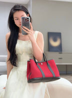 GARDEN PARTY 30CM IN RED TOILETS COTTON CANVAS AND DARK BROWN CALFSKIN PINK ON SIDE OTHER