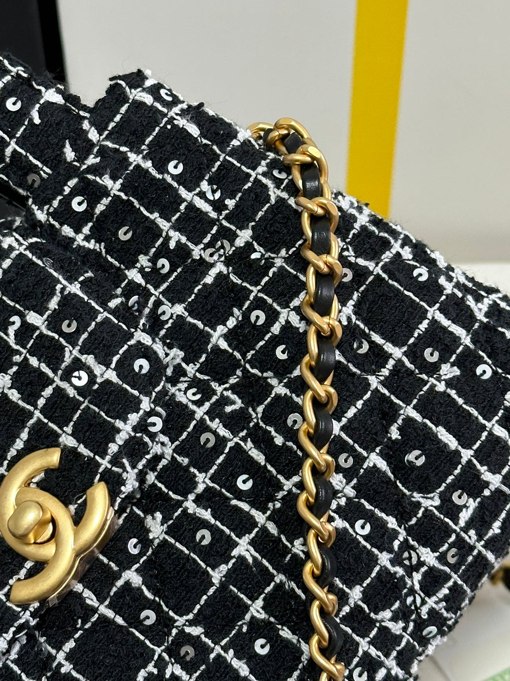 ケリー ショッピングバッグ 19インチ ブラック×ホワイト ツイード ゴールド金具