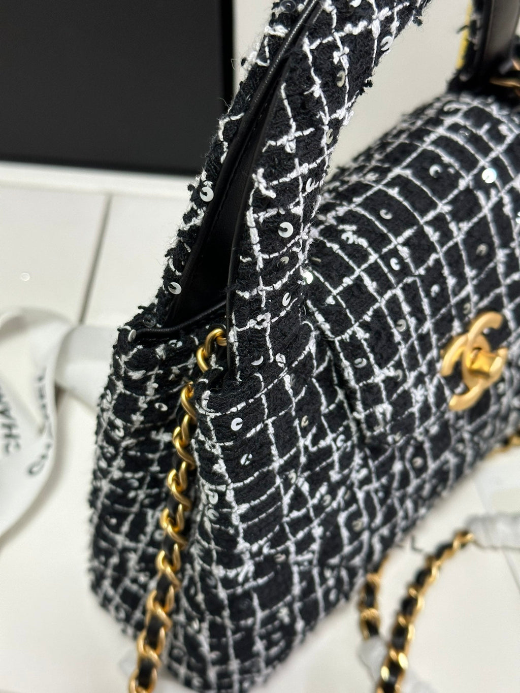 ケリー ショッピングバッグ 19インチ ブラック×ホワイト ツイード ゴールド金具