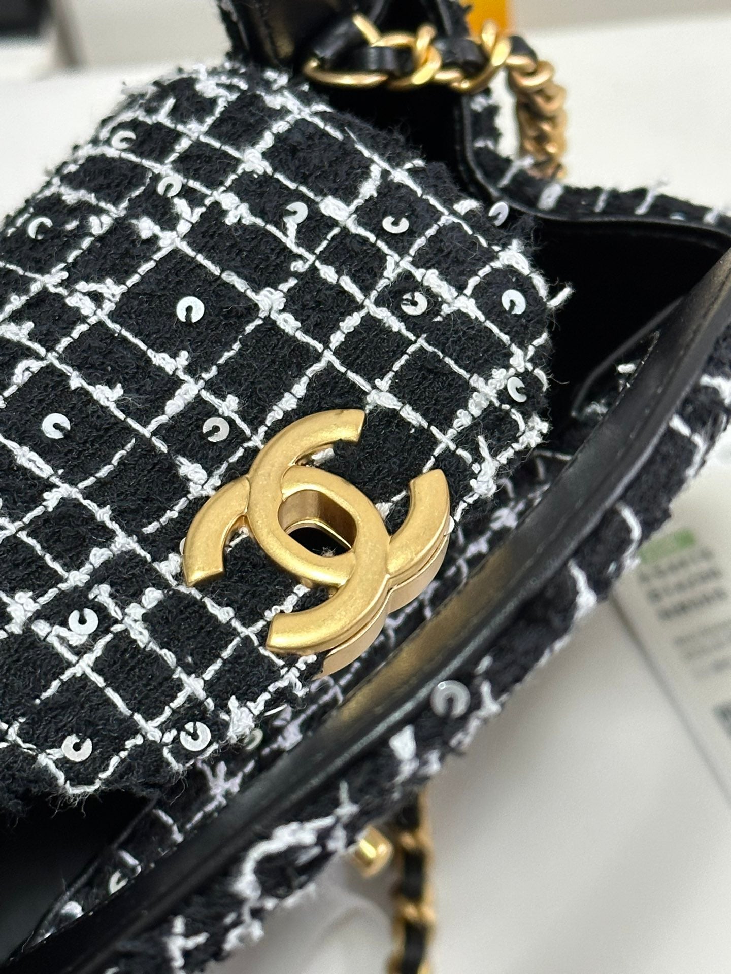 ケリー ショッピングバッグ 19インチ ブラック×ホワイト ツイード ゴールド金具