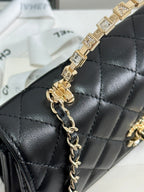 FLAP BAG 18 WITH HANDLE IN BLACK CALFSKIN GOLD HARDWARE