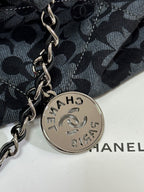 LARGE DRAWSTRING FLORAL PRINT SHOULDER BAG 39 IN BLACK MIX GREY DENIM