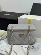 ヴァニティケース 17 クリスタルスタッズロゴ グレーカーフスキン ゴールド金具