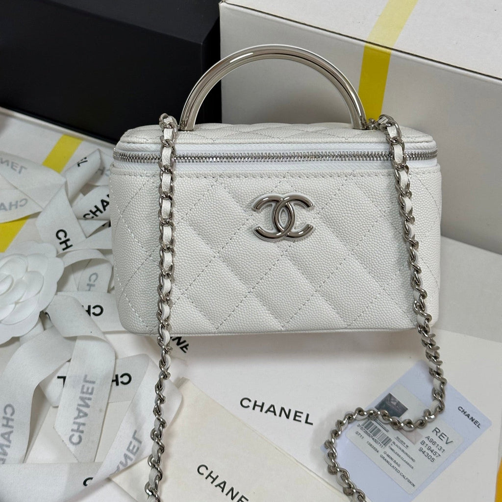 ミニ バニティ トップハンドル ケース 17インチ ホワイト キャビアスキン シルバートーン メッキメタル