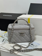 MINI VANITY TOP HANDLE CASE 17 IN GREY CAVIAR SKIN SILVER-TONE PLATED METAL