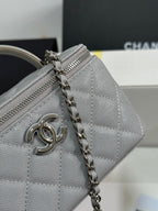 MINI VANITY TOP HANDLE CASE 17 IN GREY CAVIAR SKIN SILVER-TONE PLATED METAL