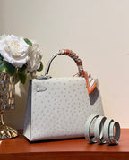 ケリー・セリエ 25 バッグ ペールグレー オーストリッチレザー シルバー金具 (オーダーメイド)