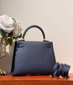 ケリー・セリエ 25 バッグ プルシアンブルー オーストリッチレザー ゴールド金具 (オーダーメイド)