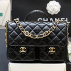 ダブルポケット フラップバッグ トップハンドル 24インチ ブラック ラムスキン ゴールド金具