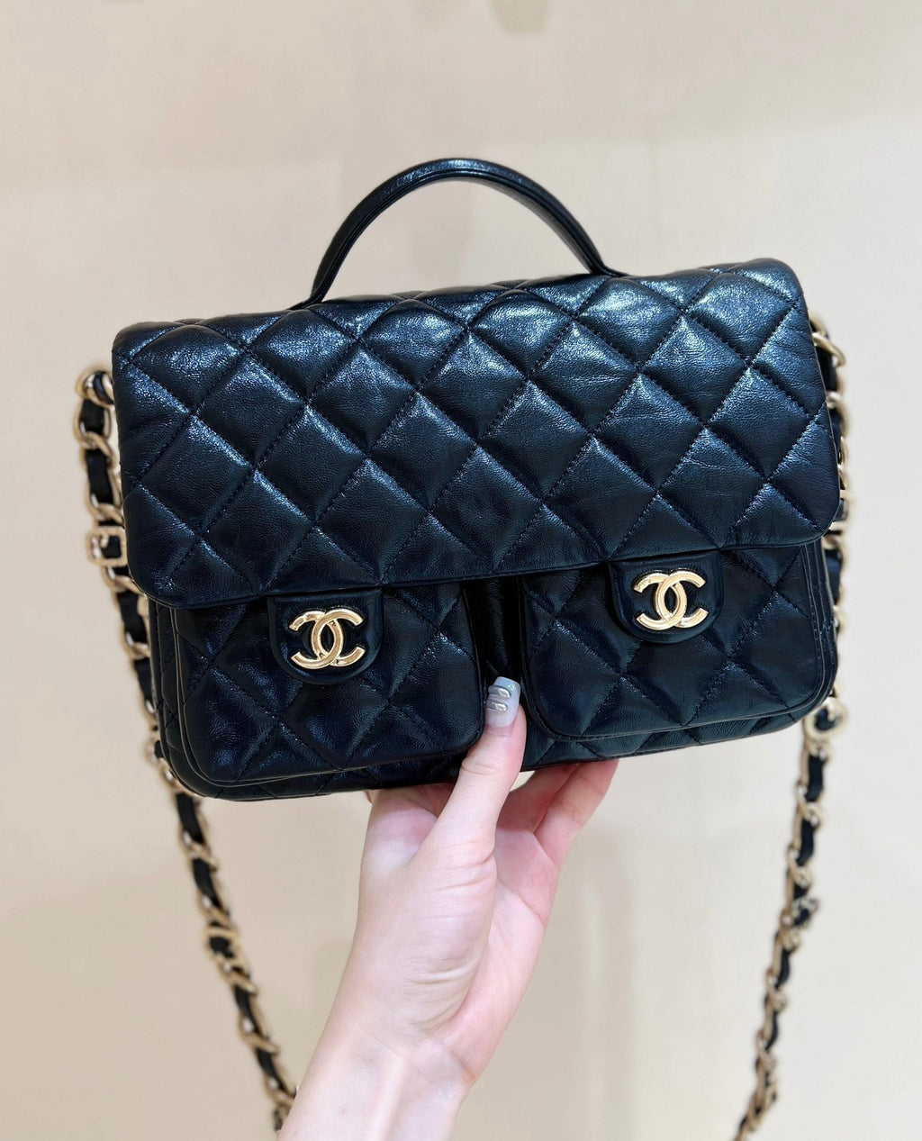 ダブルポケット フラップバッグ トップハンドル 24インチ ブラック ラムスキン ゴールド金具