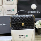 QUILTED FLAP BAG WITH HANDLE 26 IN BLACK LAMBSKIN GOLD PLATED METAL