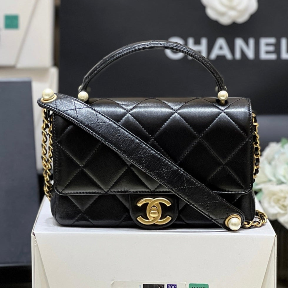 パール限定版 ハンドル付きフラップバッグ 20個入り ブラックラムスキン