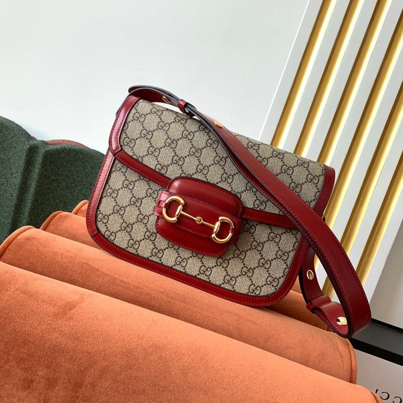 GG 1955 ホースビットバッグ 25cm レッドレザー ベージュキャンバス ゴールド金具