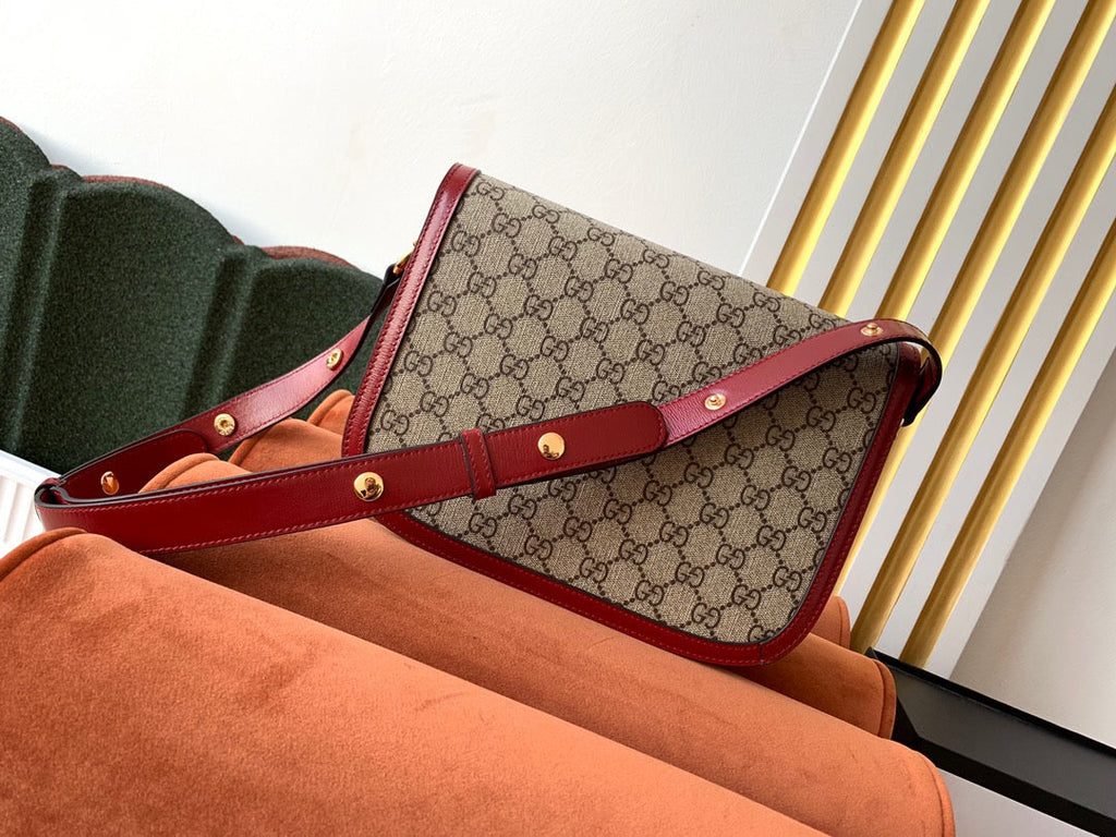 GG 1955 ホースビットバッグ 25cm レッドレザー ベージュキャンバス ゴールド金具