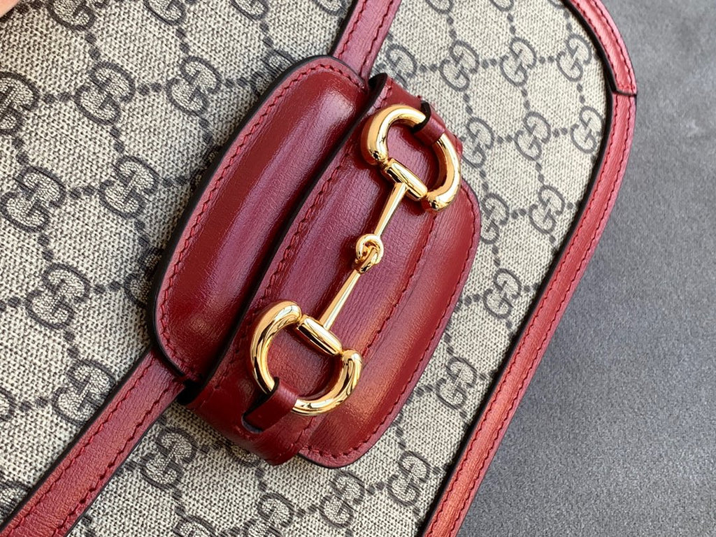 GG 1955 ホースビットバッグ 25cm レッドレザー ベージュキャンバス ゴールド金具