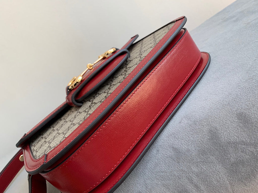 GG 1955 ホースビットバッグ 25cm レッドレザー ベージュキャンバス ゴールド金具