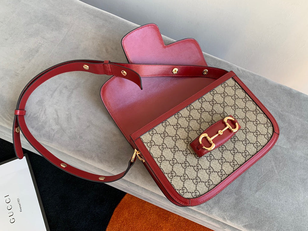 GG 1955 ホースビットバッグ 25cm レッドレザー ベージュキャンバス ゴールド金具
